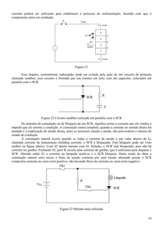 19
corrente poderá ser suficiente para estabelecer o processo de realimentação, fazendo com que o
componente entre em condução.
Figura 21
Esse disparo, normalmente indesejado, pode ser evitado pela ação de um circuito de proteção
chamado snubber, esse circuito é formado por um resistor em serie com um capacitor, colocados em
paralelo com o SCR.
Figura 22 Circuito snubber colocado em paralelo com o SCR
Os métodos de comutação ou de bloqueio de um SCR, significa cortar a corrente que ele conduz e
impedir que ele retorne a condução. A comutação estará completa, quando a corrente no sentido direto for
anulado e a reaplicação de tensão direta, entre os terminais catodo e anodo, não provocarem o retorno do
estado de condução.
A comutação natural ocorre quando se reduz a corrente de anodo a um valor abaixo de IH,
chamada corrente de manutenção (holding current), o SCR é bloqueado. Este bloqueio pode ser visto
melhor na figura abaixo. Com S2 aberto mesmo com S1 fechado, o SCR está bloqueado, pois não há
corrente no gatilho. Fechando S2, pelo R circula uma corrente de gatilho, que é suficiente para disparar o
SCR. Abrindo então S1 a corrente na lâmpada anula-se e o SCR bloqueia. Outro modo de obter a
comutação natural seria trocar a fonte de tensão continua por uma tensão alternada porem o SCR
conduziria somente no semi-ciclo positivo, não havendo fluxo de corrente no semi-ciclo negativo.
Figura 23 Método mais utilizado
 