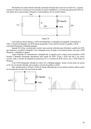 20
Há também um outro método chamado comutação forçada mais usual em circuitos CC, a técnica
consiste em desviar a corrente por um caminho de menor impedância, a corrente que passa pelo SCR irá
cair abaixo de IH, provocando o bloqueio. Como podemos ver no circuito abaixo.
Figura 24
Com todas as chaves abertas, o SCR está bloqueado e a lâmpada está apagada. Fechando-se a
CH1, o circuito da lâmpada e do SCR estará energizado. Como não há corrente no gatilho, o SCR
continuará bloqueado a lâmpada apagada.
Quando S2 fechar, circulara pelo resistor uma corrente suficiente para alimentar o gatilho do SCR,
que disparara e acenderá a lâmpada. Com a lâmpada acesa, S2 pode se novamente aberta, sem que o SCR
bloqueie e a lâmpada se apague.
Agora fechando S3, naturalmente a lâmpada não se apagara, pois a chave curto-circuitará o SCR
ficando a lâmpada alimentada diretamente pela tensão da fonte. Como o SCR real não é um curto-
circuito, toda a corrente da lâmpada ira passar por S3 e a corrente do SCR cairá à zero, o SCR então ira
bloquear.
Com o SCR bloqueado, abrindo-se a chave S3, a lâmpada apagara. Assim, só será outra vez acessa
se S2, for novamente fechada, provocando a corrente de gatilho no SCR.
Mas também pode-se utilizar o SCR em tensão alternada não só em tensão contínua, abaixo temos
um exemplo de circuito com sua forma de onda.
 