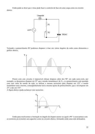 22
Então pode-se dizer que o triac pode fazer o controle de fase em uma carga como no circuito
abaixo.
Variando o potenciômetro R2 podemos disparar o triac em vários ângulos da onda como demonstra o
gráfico abaixo.
Porem com este circuito é impossível efetuar disparos além dos 90° em cada semi-ciclo, por
exemplo, se desejarmos disparar em 25° que a tensão instantânea é de Vx, e o potenciômetro está ajustado
com este valor de tensão de rede, se utilizar o mesmo raciocínio para disparar em 155° a tensão
instantânea será a mesma, conseqüentemente terá a mesmo ajuste do potenciômetro, que e irá disparar em
25° e não em 155°.
A figura abaixo ajuda esclarecer este raciocínio.
Então para resolvermos a limitação no ângulo de disparo menor ou igual a 90° é associarmos com
os resistores já existentes um capacitor como no circuito abaixo, formando então uma rede defasadora.
 