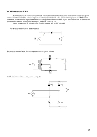 25
9 - Retificadores a tiristor
A estrutura básica de retificadores controlado consiste na mesma metodologia vista anteriormente com diodos, porem
com esta estrutura somente os semiciclos positivos da fonte de alimentação, serão aplicados na carga quando os SCRs forem
disparados. Já os semiciclos negativos são omitidos, como já estudado anteriormente. Agora temos um circuito de controle dos
gatilhos dos SCRs mais requintado podendo fazer o controle entre 0° a 180°.
Vamos dar exemplos de montagem dos circuitos para que seja melhor entendido
Retificador monofásico de meia onda
Retificador monofásico de onda completa com ponto médio
Retificador monofásico em ponte completa
 