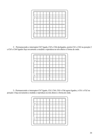 39
2 – Permanecendo o interruptor Ch7 ligado, Ch5 e Ch6 desligados, porém Ch1 e Ch2 na posição 2
e Ch3 e Ch4 ligados faça novamente a medida e reproduza na tela abaixo a forma de onda.
3 - Permanecendo o interruptor Ch7 ligado, Ch3, Ch4, Ch5 e Ch6 agora ligados, e Ch1 e Ch2 na
posição 2 faça novamente a medida e reproduza na tela abaixo a forma de onda.
 