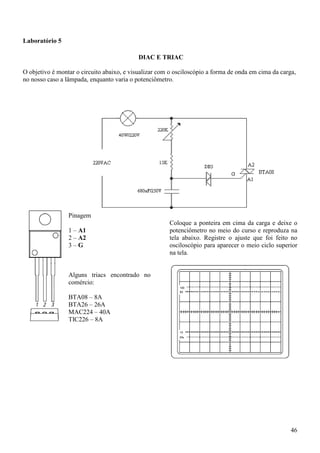 46
Laboratório 5
DIAC E TRIAC
O objetivo é montar o circuito abaixo, e visualizar com o osciloscópio a forma de onda em cima da carga,
no nosso caso a lâmpada, enquanto varia o potenciômetro.
Pinagem
1 – A1
2 – A2
3 – G
Alguns triacs encontrado no
comércio:
BTA08 – 8A
BTA26 – 26A
MAC224 – 40A
TIC226 – 8A
Coloque a ponteira em cima da carga e deixe o
potenciômetro no meio do curso e reproduza na
tela abaixo. Registre o ajuste que foi feito no
osciloscópio para aparecer o meio ciclo superior
na tela.
 