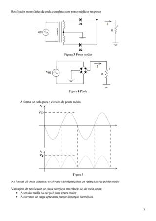 7
Retificador monofásico de onda completa com ponto médio e em ponte
Figura 3 Ponto médio
Figura 4 Ponte
A forma de onda para o circuito de ponte médio
Figura 5
As formas de onda de tensão e corrente são idênticas as do retificador de ponto médio
Vantagens de retificador de onda completa em relação ao de meia-onda:
• A tensão média na carga é duas vezes maior
• A corrente de carga apresenta menor distorção harmônica
 