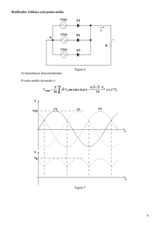 8
Retificador trifásico com ponto médio
Figura 6
As harmônicas desconsideradas
O valor médio da tensão é:
Figura 7
 
