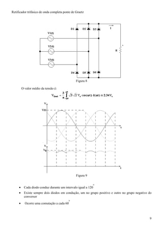 9
Retificador trifásico de onda completa ponte de Graetz
Figura 8
O valor médio da tensão é:
Figura 9
• Cada diodo conduz durante um intervalo igual a 120
o
• Existe sempre dois diodos em condução, um no grupo positivo e outro no grupo negativo do
conversor
• Ocorre uma comutação a cada 60
o
 
