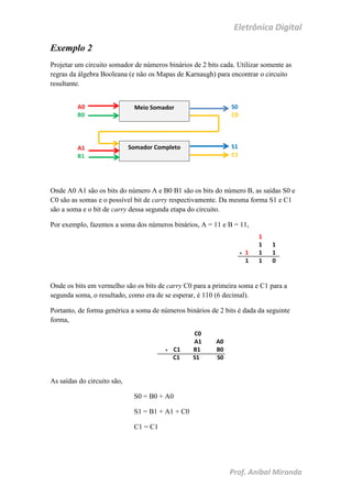 Eletrônica Digital
Prof. Aníbal Miranda
Exemplo 2
Projetar um circuito somador de números binários de 2 bits cada. Utilizar somente as
regras da álgebra Booleana (e não os Mapas de Karnaugh) para encontrar o circuito
resultante.
Onde A0 A1 são os bits do número A e B0 B1 são os bits do número B, as saídas S0 e
C0 são as somas e o possível bit de carry respectivamente. Da mesma forma S1 e C1
são a soma e o bit de carry dessa segunda etapa do circuito.
Por exemplo, fazemos a soma dos números binários, A = 11 e B = 11,
Onde os bits em vermelho são os bits de carry C0 para a primeira soma e C1 para a
segunda soma, o resultado, como era de se esperar, é 110 (6 decimal).
Portanto, de forma genérica a soma de números binários de 2 bits é dada da seguinte
forma,
As saídas do circuito são,
S0 = B0 + A0
S1 = B1 + A1 + C0
C1 = C1
Meio Somador
Somador Completo
A0
B0
A1
B1
S0
C0
S1
C1
1 1
1 1
+ 1 1 1
1 1 0
C0 a
A1 A0
+ C1 B1 B0
C1 S1 S0
 