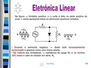 Ivan King 119
Na figura ⇒ limitador positivo ⇒ o corte é feito na parte positiva do
sinal ⇒ saída apresenta todos os semiciclos positivos cortados.
• Durante o semiciclo negativo ⇒ diodo está reversamente
polarizado e aparece como uma chave aberta.
• Na maioria dos limitadores ⇒ resistência de carga RL é no mínimo
100 vezes o valor do resistor em série, RL.
 