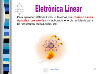 Ivan King 12
Para aparecer elétrons livres ⇒ teremos que romper essas
ligações covalentes ⇒ aplicando energia suficiente para
tal rompimento via luz, calor, etc.
 