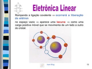 Ivan King 13
Rompendo a ligação covalente ⇒ ocorrerá a liberação
do elétron
no espaço vazio ⇒ aparece uma lacuna ⇒ como uma
carga positiva móvel que se movimenta de um lado a outro
do cristal.
 