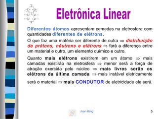 Ivan King 5
Diferentes átomos apresentam camadas na eletrosfera com
quantidades diferentes de elétrons.
O que faz uma matéria ser diferente de outra ⇒ distribuição
de prótons, nêutrons e elétrons ⇒ fará a diferença entre
um material e outro, um elemento químico e outro.
Quanto mais elétrons existirem em um átomo ⇒ mais
camadas existirão na eletrosfera ⇒ menor será a força de
atração exercida pelo núcleo ⇒ mais livres serão os
elétrons da última camada ⇒ mais instável eletricamente
será o material ⇒ mais CONDUTOR de eletricidade ele será.
 