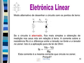 Ivan King 50
Modo alternativo de desenhar o circuito com os pontos de terra:
Se o circuito é aterrado, fica mais simples a obtenção de
medição nos seus nós em relação à terra. A corrente sobre a
resistência Rs é a diferença entre a tensão na fonte e a tensão
no zener. Isto é a aplicação pura da lei de Ohm:
Esta corrente é a mesma corrente que circula no zener.
Porquê?
Rs
VzVs
Is
−
=
 