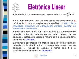 Ivan King 61
A tensão induzida no enrolamento secundário ⇒
Se o transformador tem um coeficiente de acoplamento k
próximo de 1 ⇒ bom acoplamento magnético ⇒ todo o fluxo
magnético produzido no enrolamento primário penetra no
enrolamento secundário.
Enrolamento secundário com mais espiras que o enrolamento
primário ⇒ tensão induzida no secundário maior que no
primário ⇒ relação de espiras é maior que 1, o transformador é
chamado de elevador.
Enrolamento secundário com menos espiras que o enrolamento
primário ⇒ tensão induzida no secundário menor que no
primário. ⇒ relação de espiras é menor que 1 e o
transformador é chamado de abaixador.
1
1
2
2 V
N
N
V •=
 