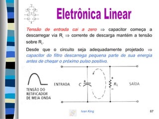 Ivan King 67
Tensão de entrada cai a zero ⇒ capacitor começa a
descarregar via RL ⇒ corrente de descarga mantém a tensão
sobre RL.
Desde que o circuito seja adequadamente projetado ⇒
capacitor do filtro descarrega pequena parte de sua energia
antes de chegar o próximo pulso positivo.
Capacitor se carrega ⇒ a cada pulso positivo
 
