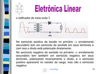 Ivan King 74
o retificador de meia onda ⇓
No semiciclo positivo da tensão no primário ⇒ enrolamento
secundário tem um semiciclo da senóide em seus terminais e
com isso o diodo está polarizado diretamente.
No semiciclo negativo da senóide no primário ⇒ enrolamento
secundário tem também um semiciclo negativo em seus
terminais, polarizando reversamente o diodo, e o semiciclo
positivo aparecerá no resistor de carga, mas não o semiciclo
negativo.
 