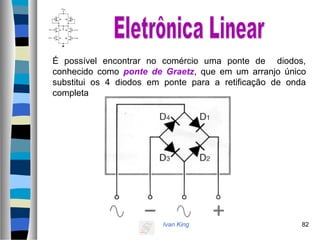 Ivan King 82
É possível encontrar no comércio uma ponte de diodos,
conhecido como ponte de Graetz, que em um arranjo único
substitui os 4 diodos em ponte para a retificação de onda
completa
 