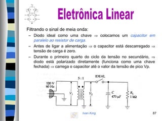 Ivan King 87
Filtrando o sinal de meia onda:
– Diodo ideal como uma chave ⇒ colocamos um capacitor em
paralelo ao resistor de carga.
– Antes de ligar a alimentação ⇒ o capacitor está descarregado ⇒
tensão de carga é zero.
– Durante o primeiro quarto do ciclo da tensão no secundário, ⇒
diodo está polarizado diretamente (funciona como uma chave
fechada) ⇒ carrega o capacitor até o valor da tensão de pico Vp.
 
