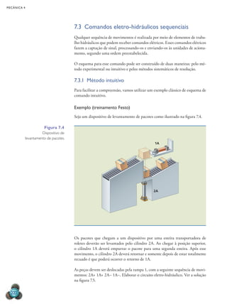 MECÂNICA 4
222
7.3 Comandos eletro-hidráulicos sequenciais
Qualquer sequência de movimentos é realizada por meio de elementos de traba-
lho hidráulicos que podem receber comandos elétricos. Esses comandos elétricos
fazem a captação de sinal, processando-os e enviando-os às unidades de aciona-
mento, segundo uma ordem preestabelecida.
O esquema para esse comando pode ser construído de duas maneiras: pelo mé-
todo experimental ou intuitivo e pelos métodos sistemáticos de resolução.
7.3.1 Método intuitivo
Para facilitar a compreensão, vamos utilizar um exemplo clássico de esquema de
comando intuitivo.
Exemplo (treinamento Festo)
Seja um dispositivo de levantamento de pacotes como ilustrado na figura 7.4.
Os pacotes que chegam a um dispositivo por uma esteira transportadora de
roletes deverão ser levantados pelo cilindro 2A. Ao chegar à posição superior,
o cilindro 1A deverá empurrar o pacote para uma segunda esteira. Após esse
movimento, o cilindro 2A deverá retornar e somente depois de estar totalmente
recuado é que poderá ocorrer o retorno de 1A.
As peças devem ser deslocadas pela rampa 1, com a seguinte sequência de movi-
mentos: 2A+ 1A+ 2A– 1A–. Elaborar o circuito eletro-hidráulico. Ver a solução
na figura 7.5.
1A
2A
Figura 7.4
Dispositivo de
levantamento de pacotes.
 