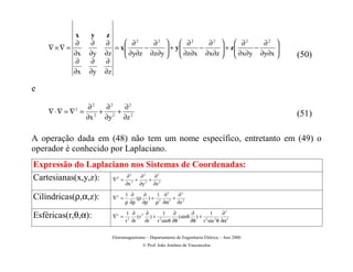 x     y     z
           ∂    ∂     ∂      ∂2      ∂2        ∂2      ∂2   ∂2           ∂2 
    ∇×∇ =                    ∂y∂z − ∂z∂y  + y  ∂z∂x − ∂x∂z  + z  ∂x∂y − ∂y∂x 
                         = x                                                 
          ∂x    ∂y    ∂z                                                              (50)
           ∂    ∂     ∂
          ∂x    ∂y    ∂z

e

              ∂2 ∂2  ∂2
    ∇⋅∇ = ∇ = 2 + 2 + 2
            2
                                                                                            (51)
             ∂x  ∂y  ∂z

A operação dada em (48) não tem um nome específico, entretanto em (49) o
operador é conhecido por Laplaciano.
Expressão do Laplaciano nos Sistemas de Coordenadas:
Cartesianas(x,y,z): ∇ = ∂ + ∂ + ∂
                                 2      2      2
                          2

                               ∂x 2   ∂y 2   ∂z 2

                               1 ∂   ∂    1 ∂2  ∂2
Cilíndricas(ρ,α,z):     ∇2 =       (ρ ) + 2    + 2
                               ρ ∂ρ ∂ρ ρ ∂α 2 ∂z

                               1 ∂ 2 ∂           1    ∂         ∂    1     ∂2
Esféricas(r,θ,α):       ∇2 =          (r    )+ 2         (sin θ ) + 2 2
                               r 2 ∂r    ∂r   r sin θ ∂θ       ∂θ r sin θ ∂α 2


                        Eletromagnetismo – Departamento de Engenharia Elétrica – Ano 2000
                                       © Prof. João Antônio de Vasconcelos
 