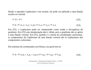 Sendo o operador Laplaciano é um escalar, ele pode ser aplicado a uma função
escalar ou vetorial.

    ∇ ⋅ ∇f = ∇ 2 f                                                                                  (52)

    ∇ 2 A = ∇ 2 ( A x x + A y y + A z z) = ∇ 2 A x x + ∇ 2 A y y + ∇ 2 A z z                        (53)
Em (52), o Laplaciano pode ser interpretado como sendo a divergência do
gradiente. Em (53) esta interpretação não é válida, pois o gradiente não se aplica
a uma função vetorial. Em (53), quando é o sitema de coordenadas cartesianas,
as componentes do Laplaciano de uma função vetorial são os Laplacianos das
componentes cartesianas.

Em sistemas de coordenadas curvilíneas, em geral tem-se:


    ∇ 2 A = ∇ 2 ( A 1 u 1 + A 2 u 2 + A 3 u 3 ) ≠ ∇ 2 A 1u 1 + ∇ 2 A 2 u 2 + ∇ 2 A 3 u 3            (54)

                                Eletromagnetismo – Departamento de Engenharia Elétrica – Ano 2000
                                               © Prof. João Antônio de Vasconcelos
 