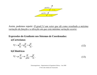 grad f(P2)
                                                                  f = C2

                                          grad f(P1)
                                                             f = C1




Assim, podemos repetir: O grad f é um vetor que dá como resultado a máxima
variação da função e a direção em que esta máxima variação ocorre.

Expressões do Gradiente nos Sistemas de Coordenadas:
 a) Cartesianas
             ∂f   ∂f ∂f
    ∇f = x      +y +z     .                                                                (12)
             ∂x   ∂y ∂z

  b)Cilíndricas
             ∂f     ∂f   ∂f
    ∇f =       +.     +z     .                                                            (13)
             ∂ρ    ρ∂α   ∂z


                       Eletromagnetismo – Departamento de Engenharia Elétrica – Ano 2000
                                      © Prof. João Antônio de Vasconcelos
 