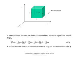 z


                                                                                                 D = Dxox + Dyoy + Dzoz
                                                                   P
                                                ∆z


                                                                                   ∆x
                                                                   ∆y



                                                                                            y

                       x




A superfície que envolve o volume é o resultado da soma das superfícies laterais.
Logo,

    ∫ D.ds = ∫ D.ds + ∫ D.ds + ∫ D.ds + ∫ D.ds + ∫ D.ds + ∫ D.ds
     s        frente           atrás          esq .        dir .        topo        base
                                                                                                                          (17)

Vamos considerar separadamente cada uma das integrais do lado direito de (17).


                                       Eletromagnetismo – Departamento de Engenharia Elétrica – Ano 2000
                                                      © Prof. João Antônio de Vasconcelos
 