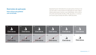 Restrições de aplicação                    Quando houver restrições de uso para preto e branco e na
                                            cor de fundo, a marca deve ser aplicada em traço. Siga a
 Preto e branco sem gradiente               tabela abaixo para manter a sua visibilidade. Use a marca
 com cor de fundo                           em preto para fundos de 0% a 10% de preto, e a marca
                                            em branco para fundos de 50% a 100% de preto.




100%                   90%      80%   70%                      60%                     50%




50%                   40%       30%   20%                     10%                     0%




                                                                                                  Diretrizes da marca 17
 