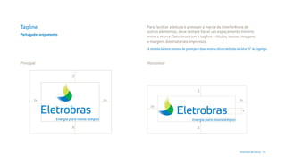 Tagline                                                     Para facilitar a leitura e proteger a marca da interferência de
                                                     x
                                                            outros elementos, deve sempre haver um espaçamento mínimo
Português: arejamento                                                         x
                                                     x      entre a marca Eletrobras com o tagline e títulos, textos, imagens
                                                     2x/3   e margens dos materiais impressos.
                    Energia para novos tempos
                                                            A medida da área mínima de proteção é duas vezes a altura definida da letra “S” do logotipo.
                                                                                                                                   x/4
                                                                                                                                   x/2
                                                                                              Energia para novos tempos
Principal                                                   Horizontal

                            2x




                                                                                                 2x
        2x                                      2x                                                                                2x
                                                              2x
                                                                                                                                    x

                    Energia para novos tempos                                                 Energia para novos tempos
                            2x




                                                                                                 2x
                                                                                                                                  Diretrizes da marca 23
 