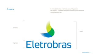 A marca          A marca Eletrobras é formada por um logotipo e
                 um símbolo. O símbolo pode ser utilizado individualmente,
                 mas o logotipo não.




      símbolo

                                                                  marca




      logotipo




                                                                      Diretrizes da marca   4
 