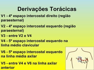 Derivações Torácicas
V6 - 5º espaço intercostal esquerdo
na linha média axilar
V1 - 4º espaço intercostal direito (região
paraesternal)
V2 - 4º espaço intercostal esquerdo (região
paraesternal)
V3 - entre V2 e V4
V4 - 5º espaço intercostal esquerdo na
linha médio clavicular
V5 - entre V4 e V6 na linha axilar
anterior
 