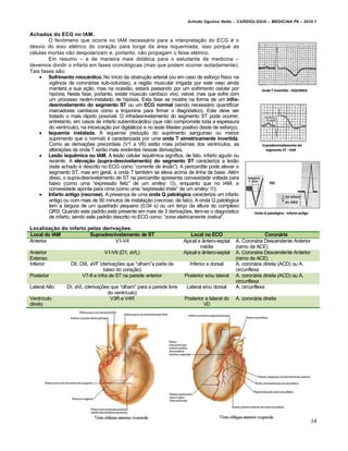 Arlindo Ugulino Netto – CARDIOLOGIA – MEDICINA P6 – 2010.1

Achados do ECG no IAM.
O fen‡meno que ocorre no IAM necess•rio para a interpreta‚ƒo do ECG € o
desvio do eixo el€trico do cora‚ƒo para longe da •rea isquemiada, isso porque as
c€lulas mortas nƒo despolarizam e, portanto, nƒo propagam o feixe el€trico.
Em resumo – e de maneira mais did•tica para o estudante de medicina –
devemos dividir o infarto em fases cronol…gicas (mas que podem ocorrer isoladamente).
Tais fases sƒo:
 Sofrimento miocárdico. No in„cio da obstru‚ƒo arterial (ou em caso de esfor‚o f„sico na
vigˆncia de coron•rias sub-oclu„das), a regiƒo muscular irrigada por este vaso ainda
manter• a sua a‚ƒo, mas na ocasiƒo, estar• passando por um sofrimento celular por
hip€xia. Nesta fase, portanto, existe m‹sculo card„aco vivo, vi•vel, mas que sofre com
um processo rec€m-instalado de hip…xia. Esta fase se mostra na forma de um infradesnivelamento do segmento ST ou um ECG normal (sendo necess•rio quantificar
marcadores card„acos como a troponina para firmar o diagn…stico). Este deve ser
tratado o mais r•pido poss„vel. O infradesnivelamento do segmento ST pode ocorrer,
entretanto, em casos de infarto subendoc•rdico (que nƒo compromete toda a espessura
do ventr„culo), na intoxica‚ƒo por digit•licos e no teste Master positivo (teste de esfor‚o).
 Isquemia instalada. A isquemia (redu‚ƒo do suprimento sangu„neo ou menor
suprimento que o normal) € caracterizada por uma onda T simetricamente invertida.
Como as deriva‚†es precordiais (V1 a V6) estƒo mais pr…ximas dos ventr„culos, as
altera‚†es de onda T serƒo mais evidentes nessas deriva‚†es.
 Lesão isquêmica ou IAM. A lesƒo celular isquˆmica significa, de fato, infarto agudo ou
recente. A elevação (supra-desnivelamento) do segmento ST caracteriza a lesƒo
(este achado € descrito no ECG como “corrente de les•o”). A pericardite pode elevar o
segmento ST, mas em geral, a onda T tamb€m se eleva acima de linha de base. Al€m
disso, o supra-desnivelamento de ST na pericardite apresenta convexidade voltada para
baixo (como uma “expressƒo feliz” de um smiley: ), enquanto que no IAM, a
convexidade aponta para cima (como uma “expressƒo triste” de um smiley: ).
 Infarto antigo (necrose). A presen‚a de uma onda Q patológica caracteriza um infarto
antigo ou com mais de 90 minutos de instala‚ƒo (necrose, de fato). A onda Q patol…gica
tem a largura de um quadrado pequeno (0,04 s) ou um ter‚o da altura do complexo
QRS. Quando este padrƒo est• presente em mais de 3 deriva‚†es, tem-se o diagn…stico
de infarto, sendo este padrƒo descrito no ECG como: “zona eletricamente inativa”.
Localização do infarto pelas derivações.
Local do IAM
Supradesnivelamento de ST
Anterior
V1-V4
Anterior
Extenso
Inferior
Posterior
Lateral Alto
Ventr„culo
direito

V1-V6 (D1, aVL)
DII, DIII, aVF (deriva‚†es que “olham”a parte de
baixo do cora‚ƒo)
V7-8 e infra de ST na parede anterior
DI, aVL (deriva‚†es que “olham” para a parede livre
do ventr„culo)
V3R e V4R

Local no ECO
Apical e Šntero-septal
m€dia
Apical e Šntero-septal
Inferior e dorsal
Posterior e/ou lateral
Lateral e/ou dorsal
Posterior e lateral do
VD

Coronária
A. Coron•ria Descendente Anterior
(ramo da ACE)
A. Coron•ria Descendente Anterior
(ramo da ACE)
A. coron•ria direita (ACD) ou A.
circunflexa
A. coron•ria direita (ACD) ou A.
circunflexa
A. circunflexa
A. coron•ria direita

34

 