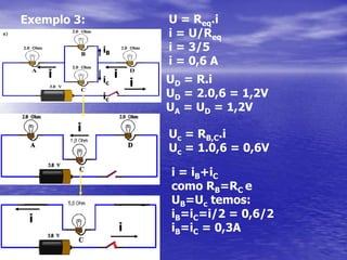 Cálculo para o resistor equivalente da associação em paralelo.U=U1=U2=Uni= i1+i2+...+inU=R.iU/Req=U1/R1+U2/R2+...+Un/Rn1/Req=1/R1+1/R2+....+1/RnDicas:Para n resistores (R) iguais:Req = R/n2.Dupla: Produto pela soma.Req = R1.R2/R1+R2
