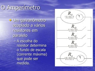 GalvanômetroUtilizando um galvanômetroparamedircorrentes e tensõeselétricas.Interação entre a correnteelétricaemumabobina e um campo magnéticoConstrói-se um circuíto simples de forma que a correnteelétricaquepassapelogalvanômetrosejaproporcional à correnteoutensãoelétricaquequeremosmedirAjusta-se umaescala de fundo de modo a converter a corrente no galvanômetropara a grandezamedida.