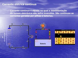 Corrente elétrica contínuaCorrente contínua é aquela na qual a movimentação	da nuvem eletrônica não sofre inversões. São contínuas as 	correntes geradas por pilhas e baterias.i