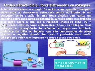 Tensão elétrica, d.d.p., força eletromotriz ou voltagem Atensão associa-se a energia fornecida a um aparelho qualquer. Uma carga, ao deslocar-se entre dois pontos no interior de um condutor, sente a ação de uma força elétrica que realiza um trabalho sobre essa carga ao deslocá-la. A razão entre esse trabalho e a carga sobre a qual ele é realizado chama-se d.d.p.(U = t/q), tensão elétrica, força eletromotriz (f.e.m.) ou voltagem. Essa voltagem é conseqüência do acúmulo de cargas nos terminais metálicos da pilha ou bateria, que são denominados de pólos positivo e negativo através dos quais é produzida uma tensão (d.d.p.) cujo valor vem impresso no corpo desses geradores. U U = t / q  (J/C = V)  SI t = U.q (J) SI 