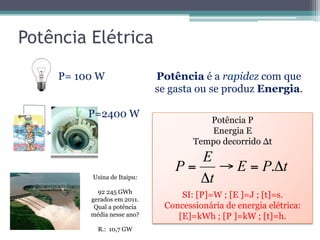 Potência Elétrica
P= 100 W
P=2400 W
Usina de Itaipu:
92 245 GWh
gerados em 2011.
Qual a potência
média nesse ano?
R.: 10,7 GW
Potência é a rapidez com que
se gasta ou se produz Energia.
Potência P
Energia E
Tempo decorrido ∆t
SI: [P]=W ; [E ]=J ; [t]=s.
Concessionária de energia elétrica:
[E]=kWh ; [P ]=kW ; [t]=h.
tPE
t
E
P Δ=→
Δ
= .
 
