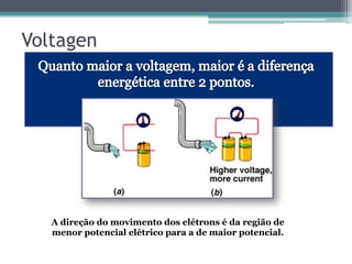 Voltagen
A direção do movimento dos elétrons é da região de
menor potencial elétrico para a de maior potencial.
 