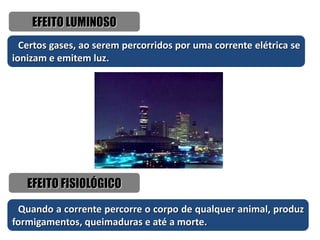 EFEITO LUMINOSO
Certos gases, ao serem percorridos por uma corrente elétrica se
ionizam e emitem luz.
EFEITO FISIOLÓGICO
Quando a corrente percorre o corpo de qualquer animal, produz
formigamentos, queimaduras e até a morte.
 