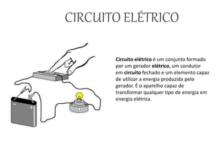 CIRCUITO ELÉTRICO
Circuito elétrico é um conjunto formado
por um gerador elétrico, um condutor
em circuito fechado e um elemento capaz
de utilizar a energia produzida pelo
gerador. É o aparelho capaz de
transformar qualquer tipo de energia em
energia elétrica.
 