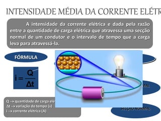 A intensidade da corrente elétrica e dada pela razão
entre a quantidade de carga elétrica que atravessa uma secção
normal de um condutor e o intervalo de tempo que a carga
leva para atravessá-la.
SECÇÃO NORMAL
PLANO NORMAL
FÓRMULA
Δt
Q
i 
Q  quantidade de carga elétrica (C)
t  variação do tempo (s)
i  corrente elétrica (A)
Q = n.e
e = 1,6.10-19 C
INTENSIDADE MÉDIA DA CORRENTE ELÉTR
 