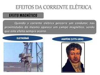 Quando a corrente elétrica percorre um condutor, nas
proximidades do mesmo aparece um campo magnético, sendo
que este efeito sempre ocorre.
ELETROÍMÃ AMPÈRE (1775-1836)
EFEITO MAGNÉTICO
EFEITOS DA CORRENTE ELÉTRICA
 