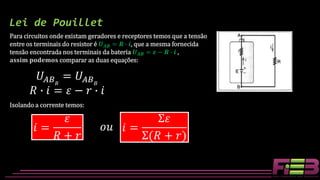 Lei de Pouillet
Para circuitos onde existam geradores e receptores temos que a tensão
entre os terminais do resistor é 𝑼 𝑨𝑩 = 𝑹 ∙ 𝒊, que a mesma fornecida
tensão encontrada nos terminais da bateria 𝑼 𝑨𝑩 = 𝜺 − 𝑹 ∙ 𝒊 ,
𝐚𝐬𝐬𝐢𝐦 𝐩𝐨𝐝𝐞𝐦𝐨𝐬 comparar as duas equações:
𝑈𝐴𝐵 𝑅
= 𝑈𝐴𝐵 𝐵
𝑅 ∙ 𝑖 = 𝜀 − 𝑟 ∙ 𝑖
Isolando a corrente temos:
𝑖 =
𝜀
𝑅 + 𝑟
𝑜𝑢 𝑖 =
Σ𝜀
Σ(𝑅 + 𝑟)
 
