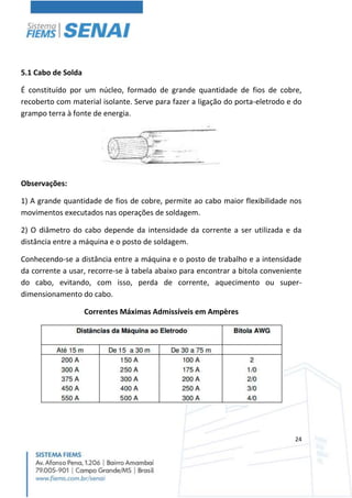 24
5.1 Cabo de Solda
É constituído por um núcleo, formado de grande quantidade de fios de cobre,
recoberto com material isolante. Serve para fazer a ligação do porta-eletrodo e do
grampo terra à fonte de energia.
Observações:
1) A grande quantidade de fios de cobre, permite ao cabo maior flexibilidade nos
movimentos executados nas operações de soldagem.
2) O diâmetro do cabo depende da intensidade da corrente a ser utilizada e da
distância entre a máquina e o posto de soldagem.
Conhecendo-se a distância entre a máquina e o posto de trabalho e a intensidade
da corrente a usar, recorre-se à tabela abaixo para encontrar a bitola conveniente
do cabo, evitando, com isso, perda de corrente, aquecimento ou super-
dimensionamento do cabo.
Correntes Máximas Admissíveis em Ampères
 