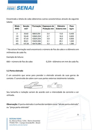 25
Encontrada a bitola do cabo obteremos outras características através da seguinte
tabela:
* Na coluna Formação você encontrará o número de fios do cabo e o diâmetro em
milímetros de cada fio.
Exemplo de leitura:
666 = número de fios do cabo 0,254 = diâmetro em mm de cada fio.
5.2 Porta-eletrodo
É um acessório que serve para prender o eletrodo através de suas garras de
contato. É construído de cobre com suas partes externas totalmente isoladas.
Seu tamanho e isolação variam de acordo com a intensidade da corrente a ser
utilizada.
Observação: O porta-eletrodo é conhecido também como “alicate porta-eletrodo”
ou “pinça porta-eletrodo”
 