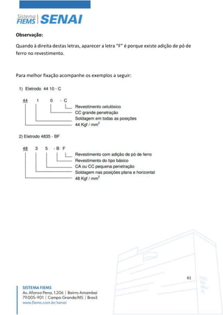 61
Observação:
Quando à direita destas letras, aparecer a letra “F” é porque existe adição de pó de
ferro no revestimento.
Para melhor fixação acompanhe os exemplos a seguir:
 