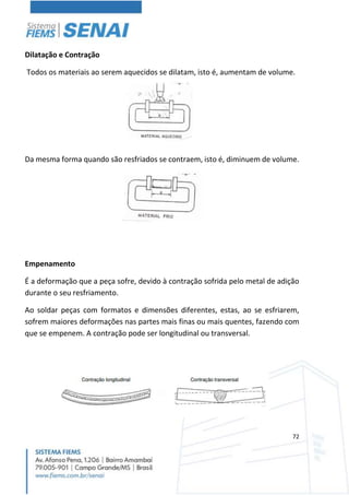 72
Dilatação e Contração
Todos os materiais ao serem aquecidos se dilatam, isto é, aumentam de volume.
Da mesma forma quando são resfriados se contraem, isto é, diminuem de volume.
Empenamento
É a deformação que a peça sofre, devido à contração sofrida pelo metal de adição
durante o seu resfriamento.
Ao soldar peças com formatos e dimensões diferentes, estas, ao se esfriarem,
sofrem maiores deformações nas partes mais finas ou mais quentes, fazendo com
que se empenem. A contração pode ser longitudinal ou transversal.
 