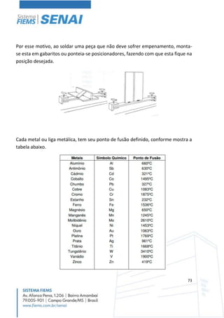 73
Por esse motivo, ao soldar uma peça que não deve sofrer empenamento, monta-
se esta em gabaritos ou ponteia-se posicionadores, fazendo com que esta fique na
posição desejada.
Cada metal ou liga metálica, tem seu ponto de fusão definido, conforme mostra a
tabela abaixo.
 