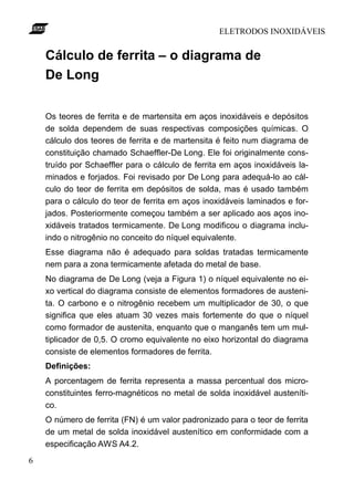 ELETRODOS INOXIDÁVEIS


    Cálculo de ferrita – o diagrama de
    De Long

    Os teores de ferrita e de martensita em aços inoxidáveis e depósitos
    de solda dependem de suas respectivas composições químicas. O
    cálculo dos teores de ferrita e de martensita é feito num diagrama de
    constituição chamado Schaeffler-De Long. Ele foi originalmente cons-
    truído por Schaeffler para o cálculo de ferrita em aços inoxidáveis la-
    minados e forjados. Foi revisado por De Long para adequá-lo ao cál-
    culo do teor de ferrita em depósitos de solda, mas é usado também
    para o cálculo do teor de ferrita em aços inoxidáveis laminados e for-
    jados. Posteriormente começou também a ser aplicado aos aços ino-
    xidáveis tratados termicamente. De Long modificou o diagrama inclu-
    indo o nitrogênio no conceito do níquel equivalente.
    Esse diagrama não é adequado para soldas tratadas termicamente
    nem para a zona termicamente afetada do metal de base.
    No diagrama de De Long (veja a Figura 1) o níquel equivalente no ei-
    xo vertical do diagrama consiste de elementos formadores de austeni-
    ta. O carbono e o nitrogênio recebem um multiplicador de 30, o que
    significa que eles atuam 30 vezes mais fortemente do que o níquel
    como formador de austenita, enquanto que o manganês tem um mul-
    tiplicador de 0,5. O cromo equivalente no eixo horizontal do diagrama
    consiste de elementos formadores de ferrita.
    Definições:
    A porcentagem de ferrita representa a massa percentual dos micro-
    constituintes ferro-magnéticos no metal de solda inoxidável austeníti-
    co.
    O número de ferrita (FN) é um valor padronizado para o teor de ferrita
    de um metal de solda inoxidável austenítico em conformidade com a
    especificação AWS A4.2.
6
 