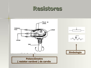 Resistores




                                  Simbologia

         Potenciômetro
( resistor variável ) de carvão
 
