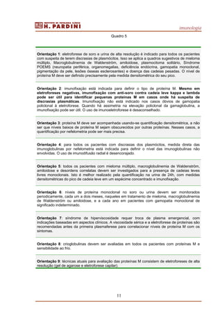 imunologia
11
Quadro 5
Orientação 1: eletroforese de soro e urina de alta resolução é indicado para todos os pacientes
com suspeita de terem discrasias de plasmócitos. Isso se aplica a quadros sugestivos de mieloma
múltiplo, Macroglobulinemia de Waldenström, amiloidose, plasmocitoma solitário, Síndrome
POEMS (neuropatia periférica, organomegalias, deficiência endócrina, gamopatia monoclonal,
pigmentação da pele, lesões ósseas esclerosantes) e doença das cadeias pesadas. O nível de
proteína M deve ser definido precisamente pela medida densitométrica do seu pico.
Orientação 2: imunofixação está indicada para definir o tipo de proteína M. Mesmo em
eletroforeses negativas, imunofixação com anti-soro contra cadeia leve kappa e lambda
pode ser útil para identificar pequenas proteínas M em casos onde há suspeita de
discrasias plasmáticas. Imunofixação não está indicado nos casos óbvios de gamopatia
policlonal à eletroforese. Quando há assimetria na elevação policlonal da gamaglobulina, a
imunofixação pode ser útil. O uso de imunoeletroforese é desaconselhado.
Orientação 3: proteína M deve ser acompanhada usando-se quantificação densitométrica, a não
ser que níveis baixos de proteína M sejam obscurecidos por outras proteínas. Nesses casos, a
quantificação por nefelometria pode ser mais precisa.
Orientação 4: para todos os pacientes com discrasias dos plasmócitos, medida direta das
imunoglobulinas por nefelometria está indicada para definir o nível das imunoglobulinas não
envolvidas. O uso de imunodifusão radial é desencorajado.
Orientação 5: todos os pacientes com mieloma múltiplo, macroglobulinemia de Waldenström,
amiloidose e desordens correlatas devem ser investigados para a presença de cadeias leves
livres monoclonais. Isto é melhor realizado pela quantificação na urina de 24h, com medidas
densitométricas do pico de cadeia leve em um espécime concentrado e imunofixação.
Orientação 6: níveis de proteína monoclonal no soro ou urina devem ser monitorados
periodicamente, cada um a dois meses, naqueles em tratamento de mieloma, macroglobulinemia
de Waldenström ou amiloidose, e a cada ano em pacientes com gamopatia monoclonal de
significado indeterminado.
Orientação 7: síndrome de hiperviscosidade requer troca de plasma emergencial, com
indicações baseadas em aspectos clínicos. A viscosidade sérica e a eletroforese de proteínas são
recomendadas antes da primeira plasmaferese para correlacionar níveis de proteína M com os
sintomas.
Orientação 8: crioglobulinas devem ser avaliadas em todos os pacientes com proteínas M e
sensibilidade ao frio.
Orientação 9: técnicas atuais para avaliação das proteínas M consistem de eletroforeses de alta
resolução (gel de agarose e eletroforese capilar).
 