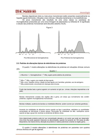 imunologia
5
Bandas oligoclonais (dois ou mais picos monoclonais) estão presentes ocasionalmente na
hepatite aguda fulminante, infecções virais crônicas, infecções bacterianas e imunodeficiências.
Os picos monoclonais são resultado de uma única classe ou subclasse de
imunoglobulinas produzidas por uma única linhagem de plasmócitos ou linfócitos B. O significado
e estudo das proteínas monoclonais será discutido adiante (18,20).
Figura 3
Pico Monoclonal de Gamaglobulinas Pico Policlonal de Gamaglobulinas
2.2. Padrões de alterações típicas de eletroforese de proteínas
O quadro 1 mostra alterações na eletroforese de proteínas em situações clínicas comuns
(20).
Quadro 1
↓ Albumina + ↓ Gamaglobulinas + ↑ Alfa2 sugere perda seletiva de proteínas.
↑ Alfa1+ ↑ Alfa2: sugere uma reação de fase aguda.
↑ Alfa1 único: hepatite crônica; reação de fase aguda com hemólise; grávidas; uso de estrógeno.
↑ Alfa2 predominante: encontrado em doenças auto-imunes.
Fusão das bandas beta e gama sugerem um aumento na IgA (ex.: cirrose, infecções respiratórias e de
pele).
Bandas intensamente coradas das regiões alfa à gama, em áreas que normalmente não contêm
proteínas, sugerem imunoglobulinas monoclonais.
Bandas múltiplas, ausência de bandas ou mobilidade diferente podem ocorrer por variantes genéticas.
Aumento de mobilidade da albumina ocorre quando se liga à penicilinas, salicilatos ou quantidades
aumentadas de bilirrubinas e ácidos graxos. Diminuição da mobilidade da alfa1 -antitripsina ocorre
quando se liga a grupo tiol, enzimas ou proteínas de Bence Jones.
Uma determinada proteína pode ter sua concentração elevada a um ponto que pode ser observada.
Uma linha fina pode aparecer interzona na albumina/alfa1 quando há aumento de 100 vezes da alfa-
fetoproteína. Da mesma forma, elevação da proteína C reativa pode levar a banda na região gama.
O quadro 2 mostra alterações à eletroforese de proteínas em pacientes com quadros
clínicos diversos em gel de agarose.
Alb. α1 α2 β 1 β 2 γ Alb. α1 α2 β 1 β 2 γ
 